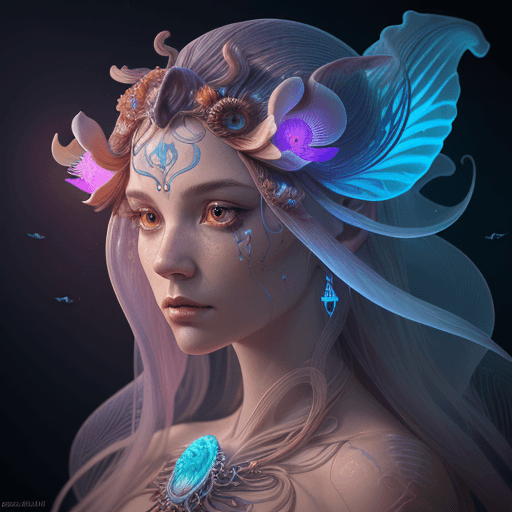 AI generated: Goddess close-up portrait ribcagel. jellyfish phoenix head, nautilus, orchid, skull, betta fish, bio...