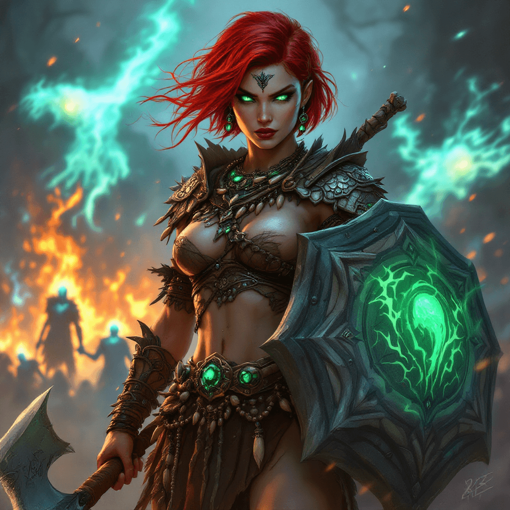 AI generated: 28. The Spiritbound Shieldmaiden: A resilient warrior with short, vibrant red hair, often adorned wi...