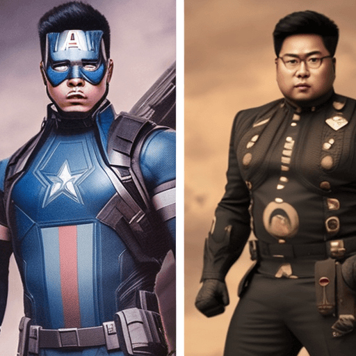 AI generated: Marvel cinematic universe, a fat Asian male hero, full body pose, white hair in a cropped style, in ...