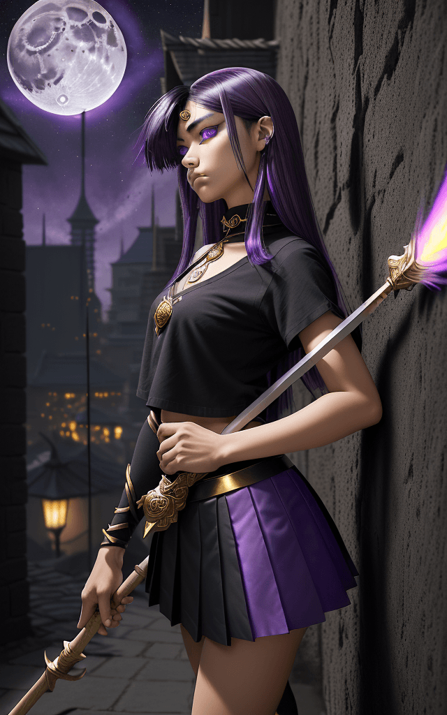 AI generated: above front view. emo beautiful tan skin girl. purple eye iris. black shirt and skirt. skirts down t...