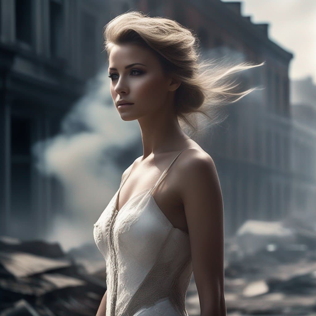 AI generated: close up, (front view:1. 2) of a graceful female, centered in frame, (sad:1. 3), intricate white dre...