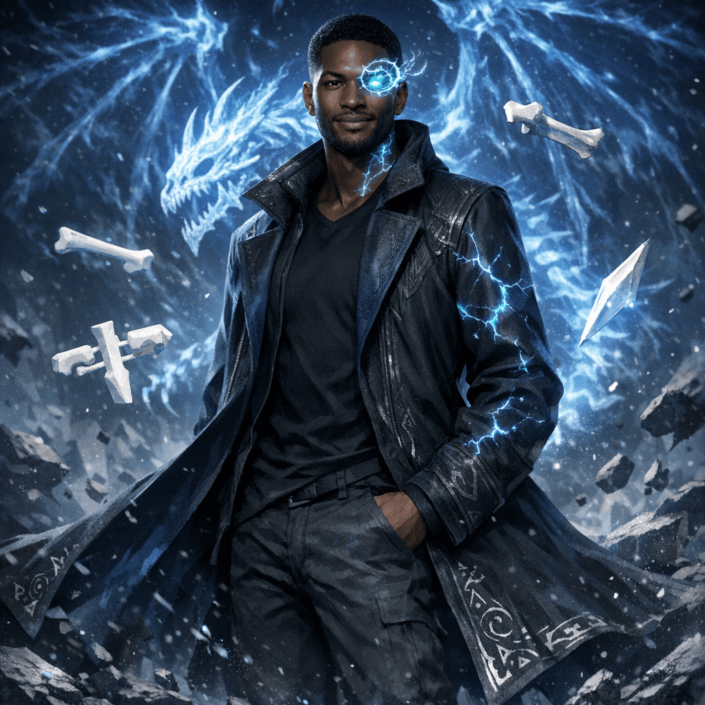 AI generated: An African American male, average height and build, standing calmly amid a fractured cosmic battlefi...