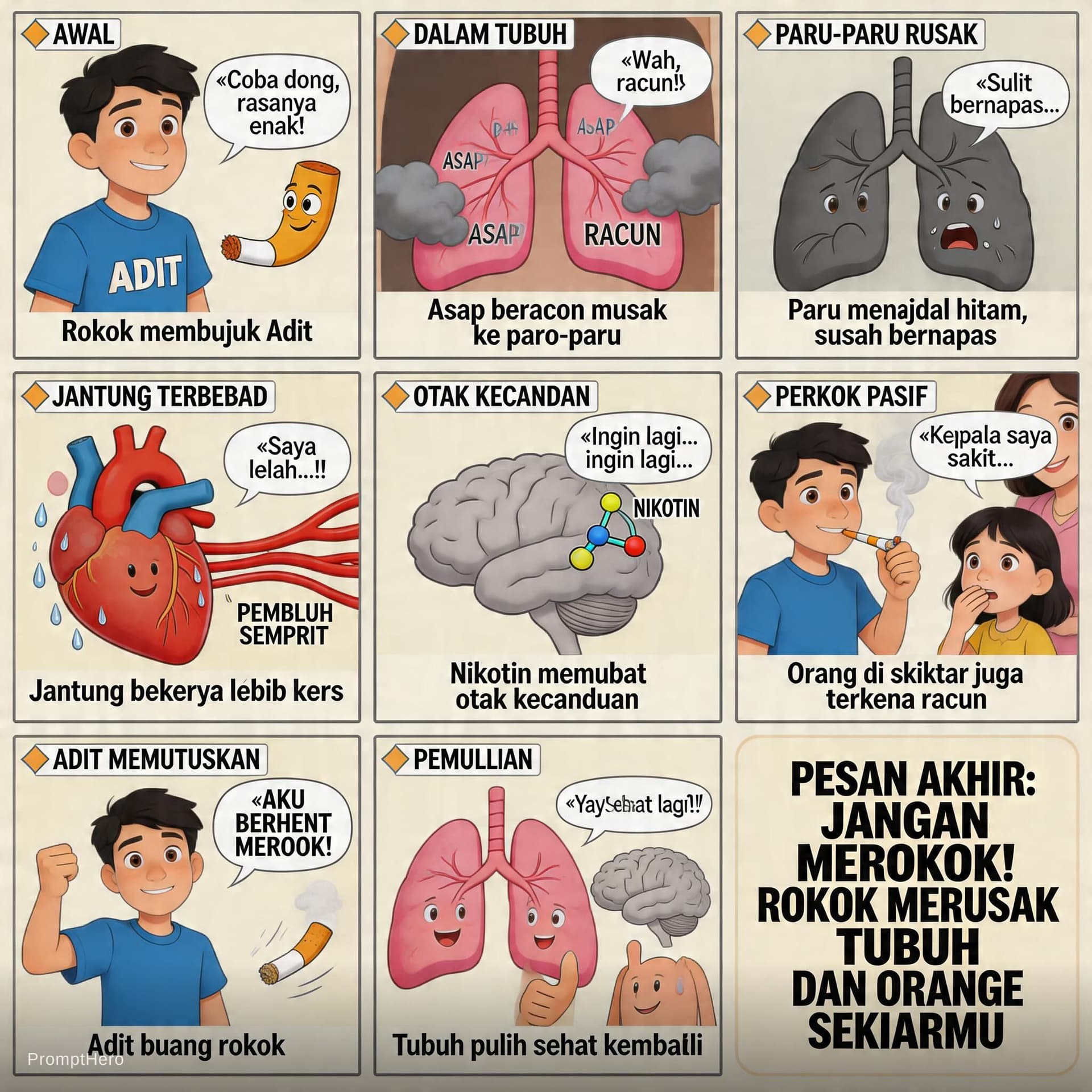 AI generated: Create a 30-scene animated educational video about the dangers of smoking, cartoon style, cinematic ...