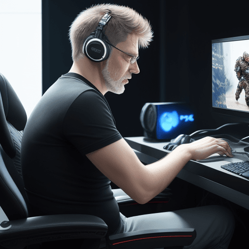 AI generated: Photo of a ultra realistic man with name Waldemar Jagoda. Waldemar playing PC games.