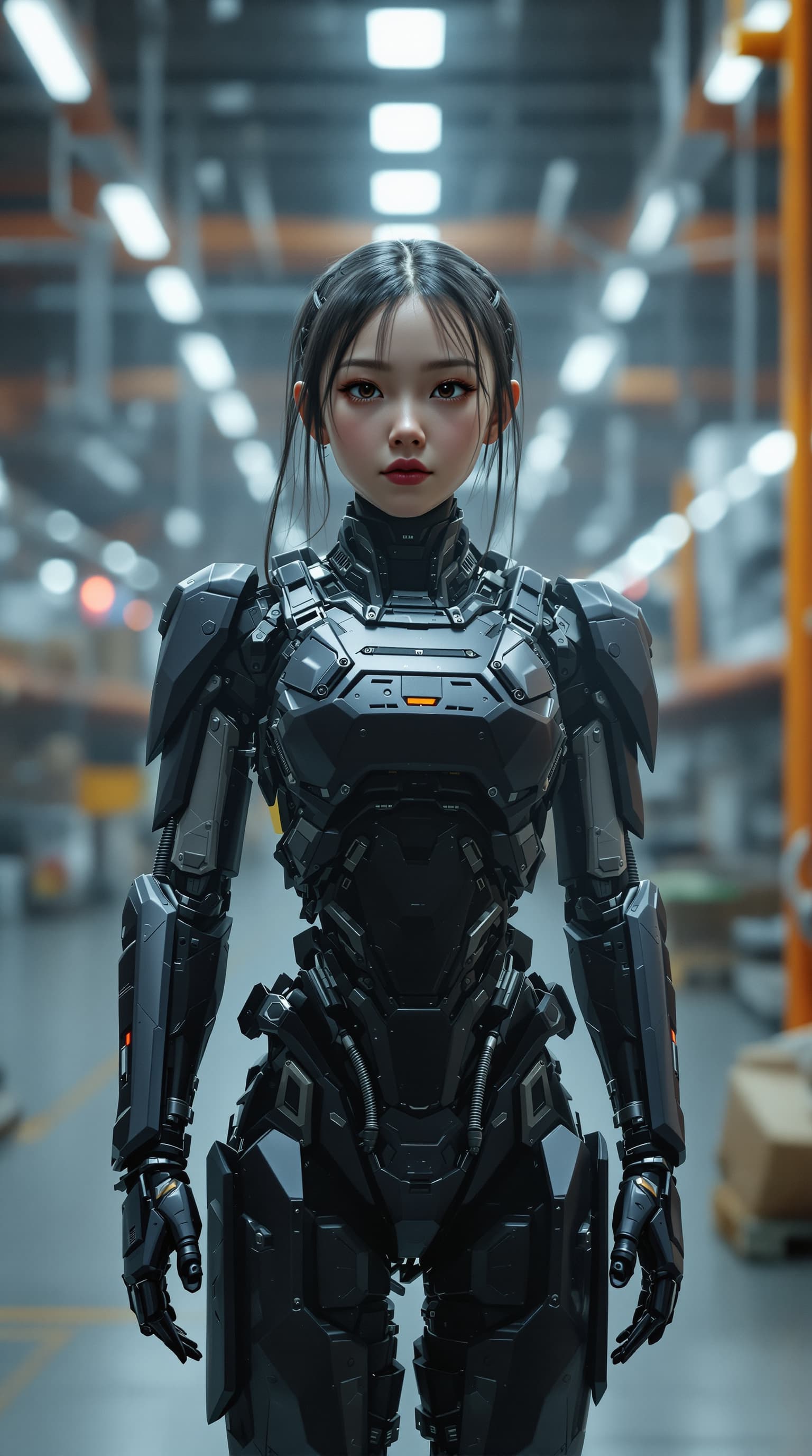 AI generated: A hyper-realistic depiction of a eight year old android of Celine Tam, standing in a android parts w...