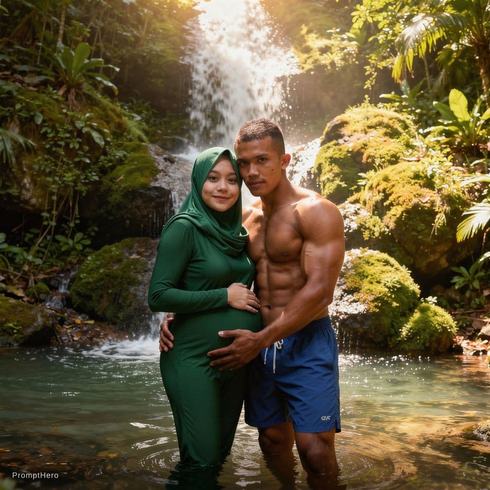 AI generated: Ultra-realistic photograph of a romantic couple standing intimately in the shallow water beneath a l...