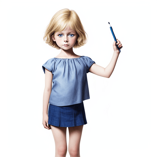 AI generated: children's illustration, girl, short blond hair, blue eyes, six years old, standing, hands showing, ...