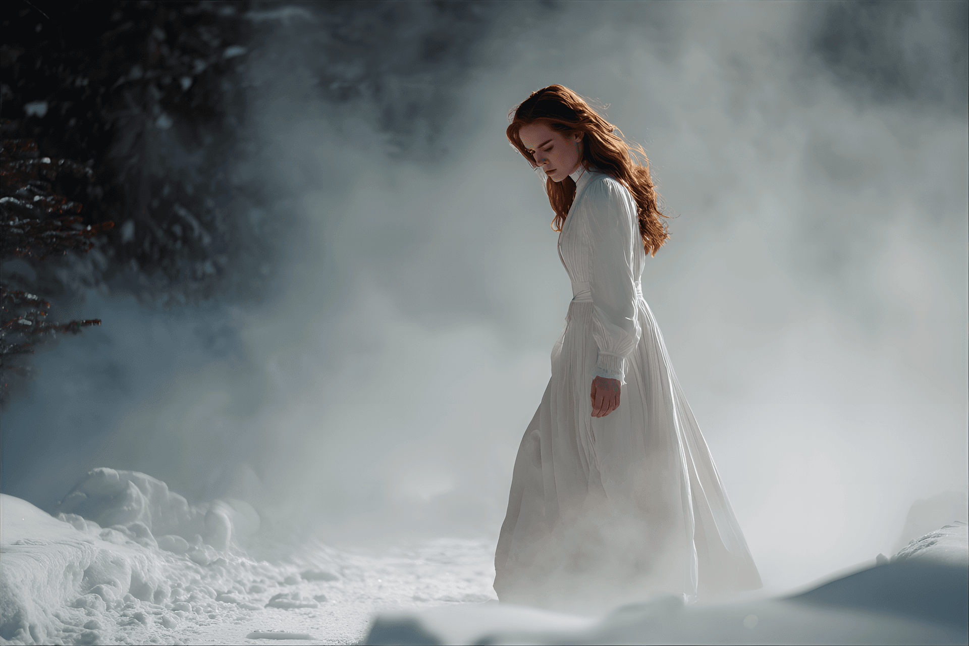 AI generated: beautiful fiery redhead in a bright white dress melting the snow around her where
she walks, angle ...