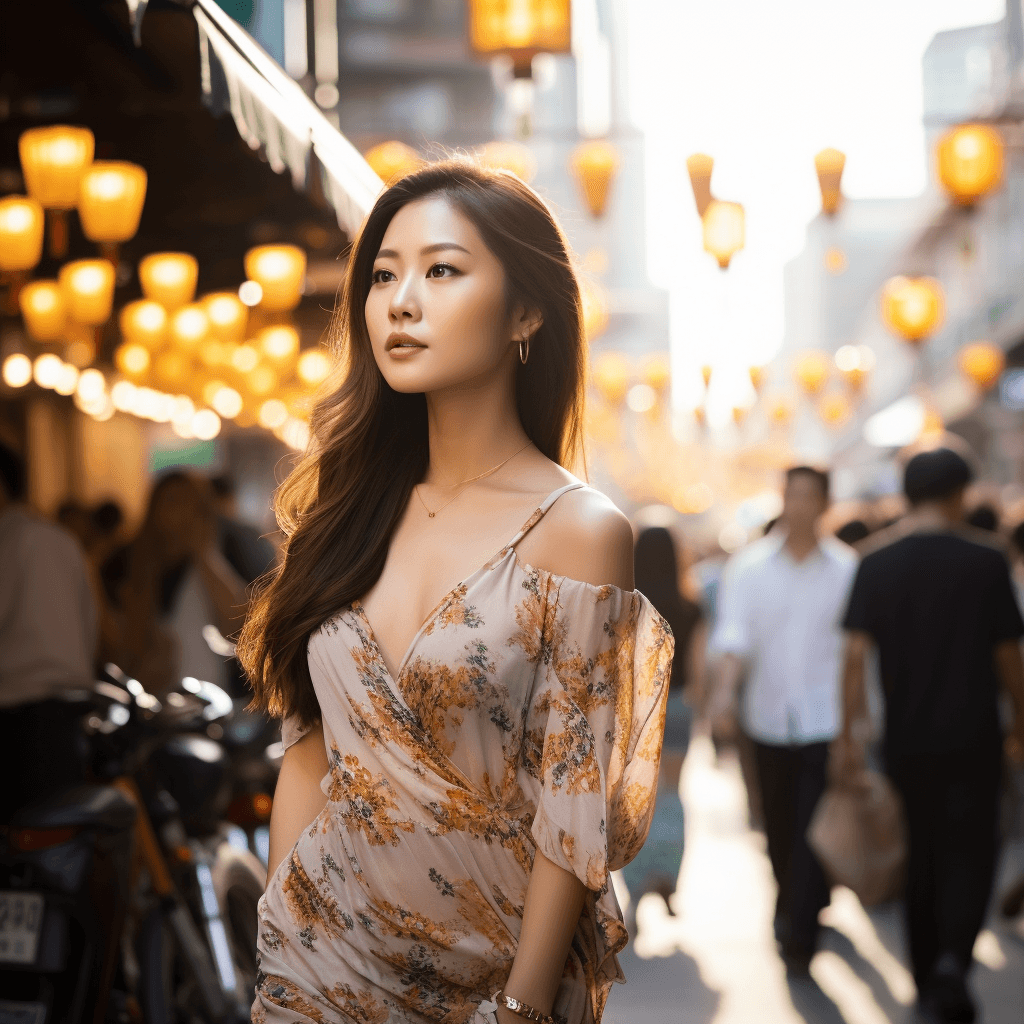 AI generated: very detailed image of a gorgeous young Asian woman standing on a bustling city street, observing th...