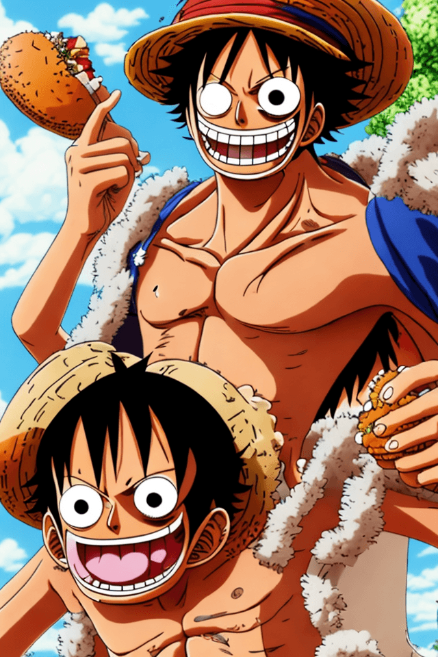 AI generated: Monkey D. Luffy, one piece anime, Eating a Burger, X- shaped scar on his chest, Straw Hat, symmetric...