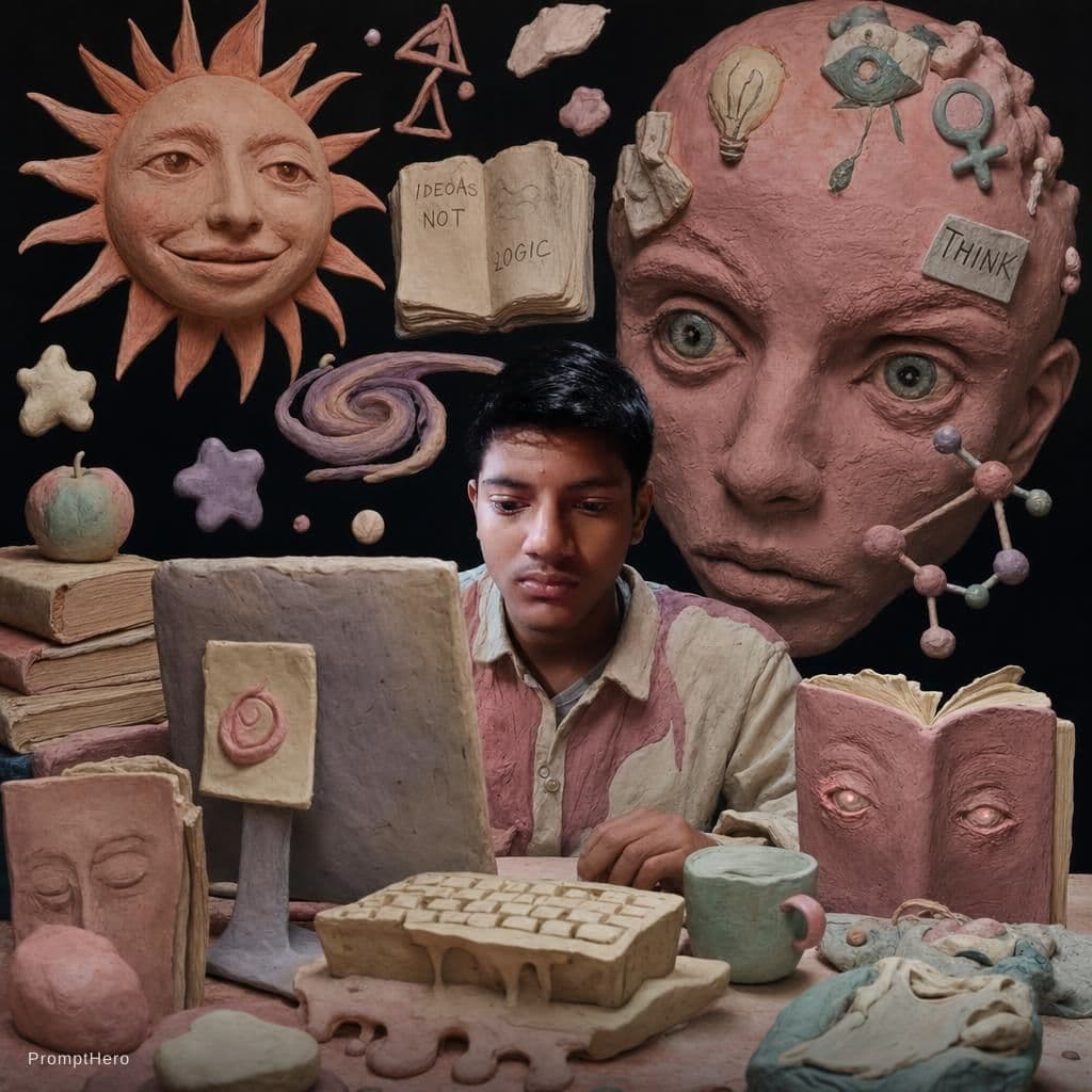AI generated: surreal editorial composition, hyperrealistic human mixed with handmade plasticine sculptures, tacti...