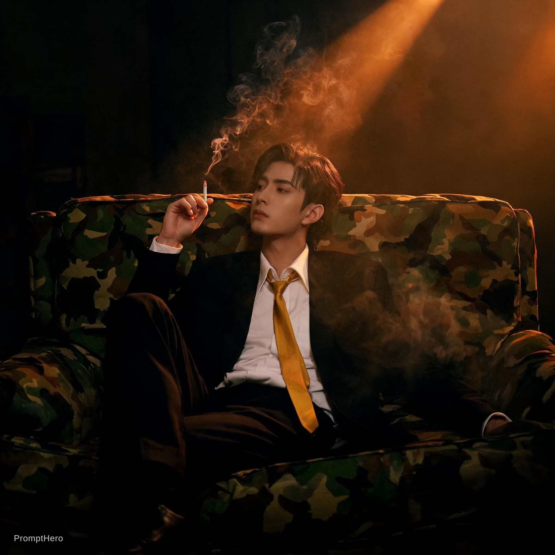 AI generated: photography, cover shoot, dimly lit room with a hazy atmosphere, capturing a professional male model...