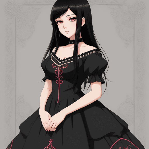 AI generated: A gorgeous looking girl with a black hair and black dress, embroidered , anime style