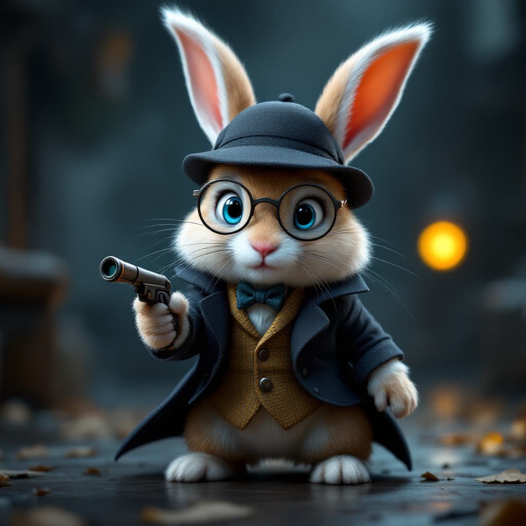 AI generated: cut little fluffy Bunny cub dressed up as sherlock holmes, blue eyes, investigating a crime, pixar-s...