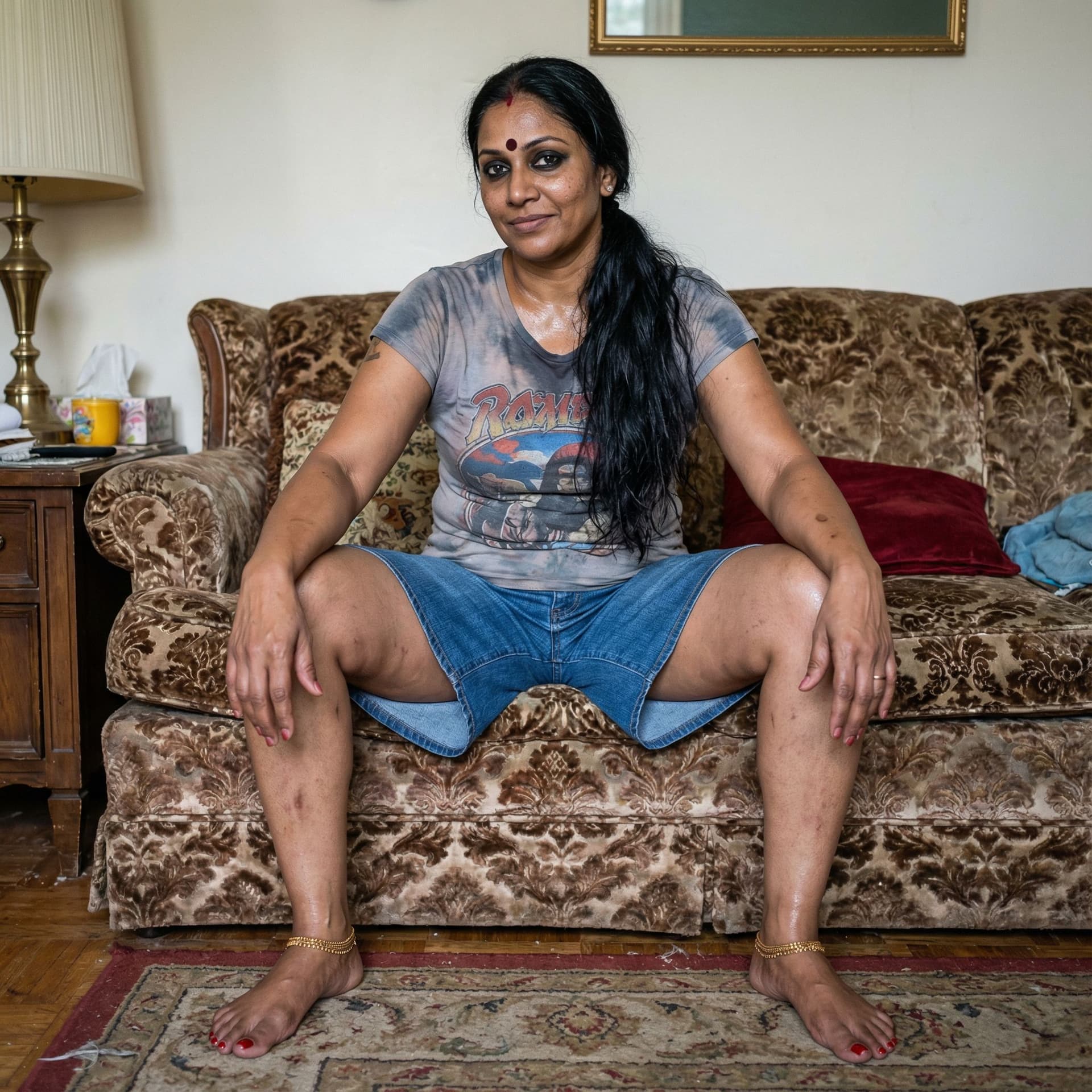 AI generated: Gorgeous curvaceous thunderous 47 year old South Asian wife-tamil descent, classic 1970s look, she w...