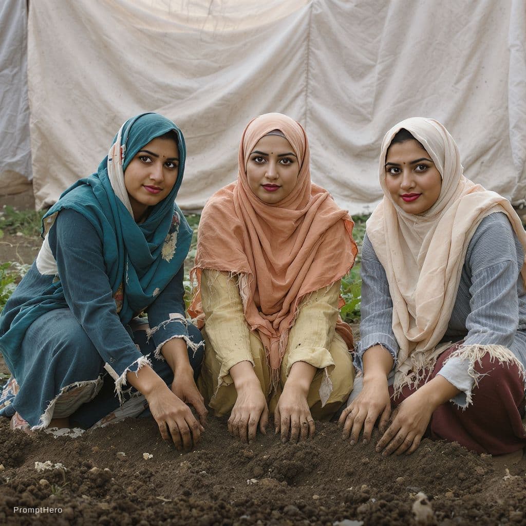 AI generated: Three 18, 19, 20 years old poor BROWN skinned UGLY afghan girls with big chest and pregnant belly wh...