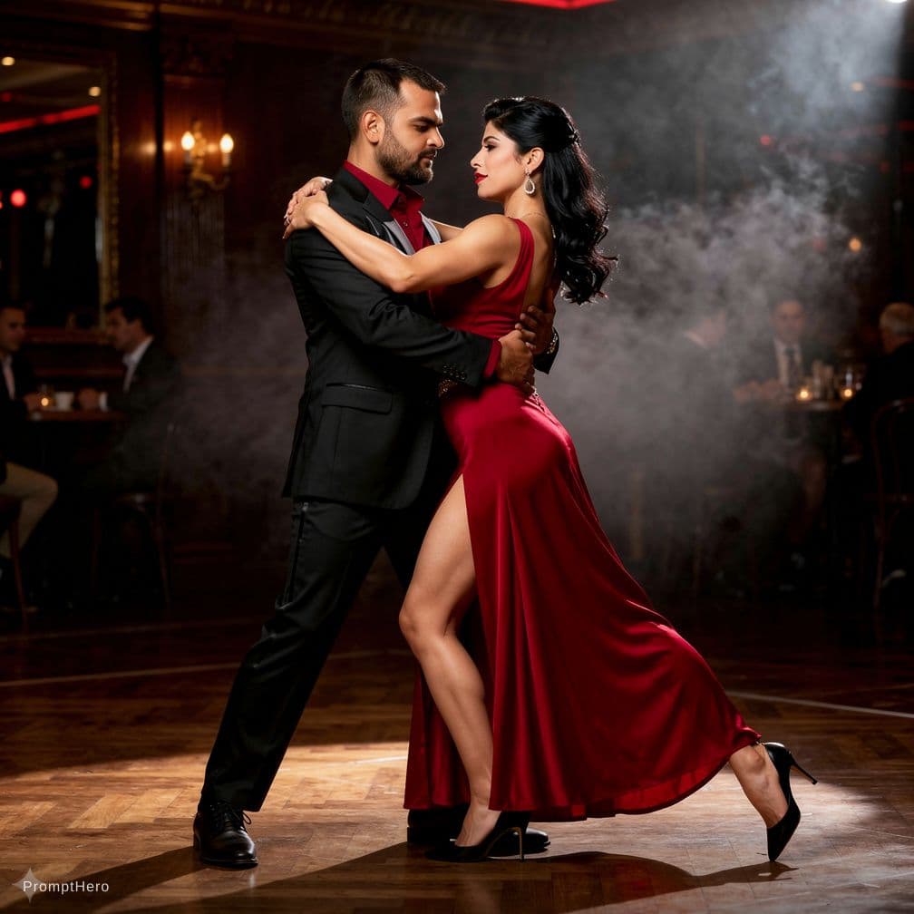 AI generated: A passionate Argentine tango couple in a dramatic dance position. The man wears a sharp black suit w...