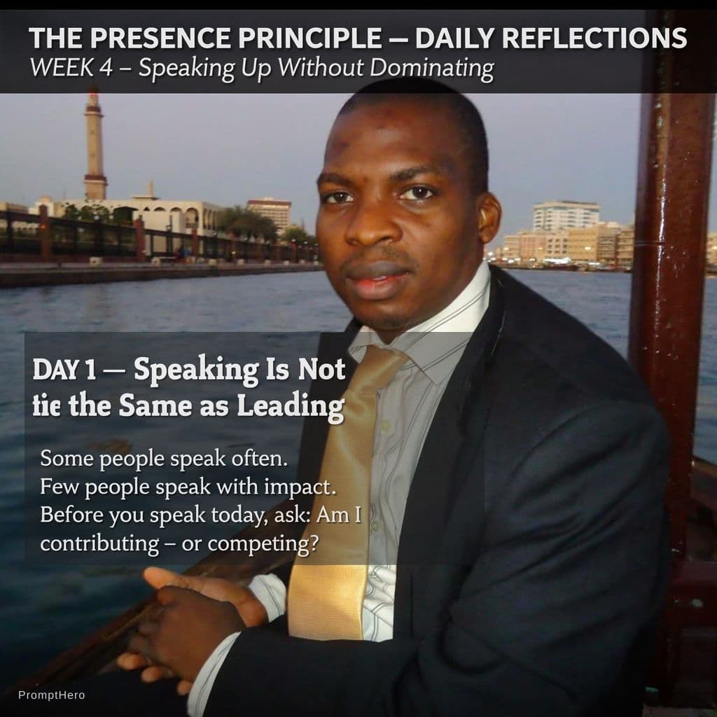 AI generated: THE PRESENCE PRINCIPLE — DAILY REFLECTIONS
WEEK 4 — Speaking Up Without Dominating

DAY 1 — Speaking...