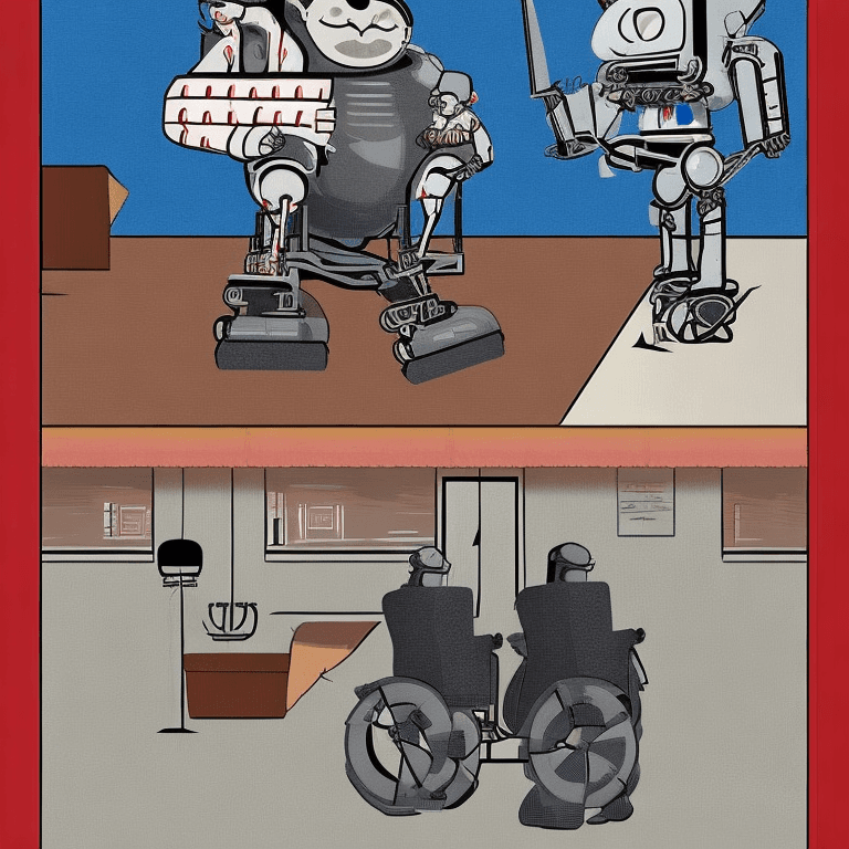 AI generated: Realistic image,a fat couple sits in wheelchairs, aided by two big powerful robots during their meal...