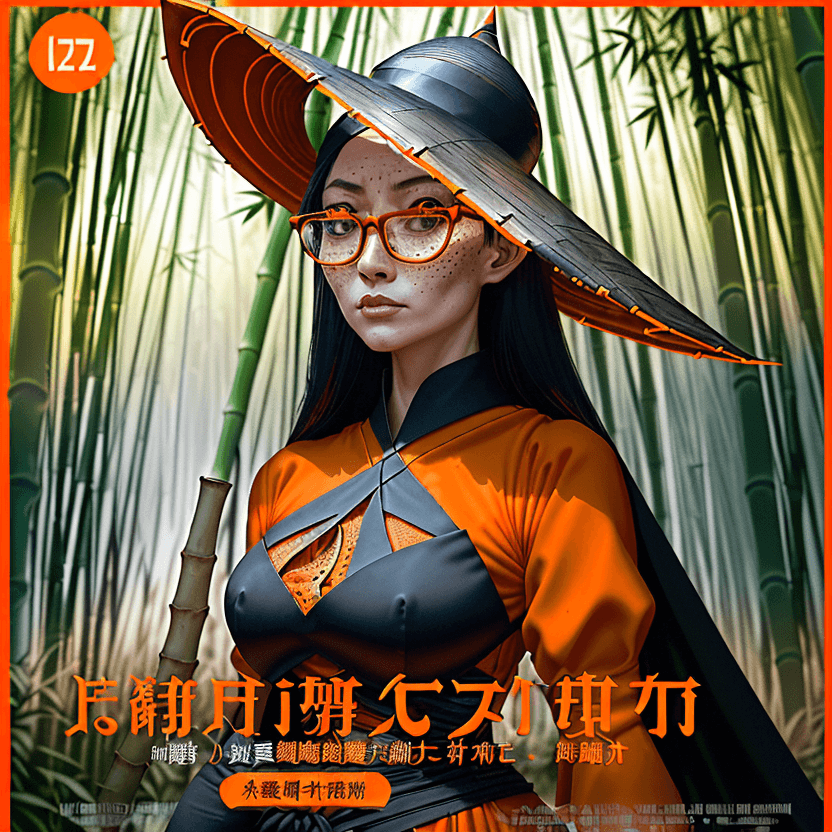 AI generated: . orange glass. movie poster, musculine female character in black,asian cone-shaped bamboo hat, medi...