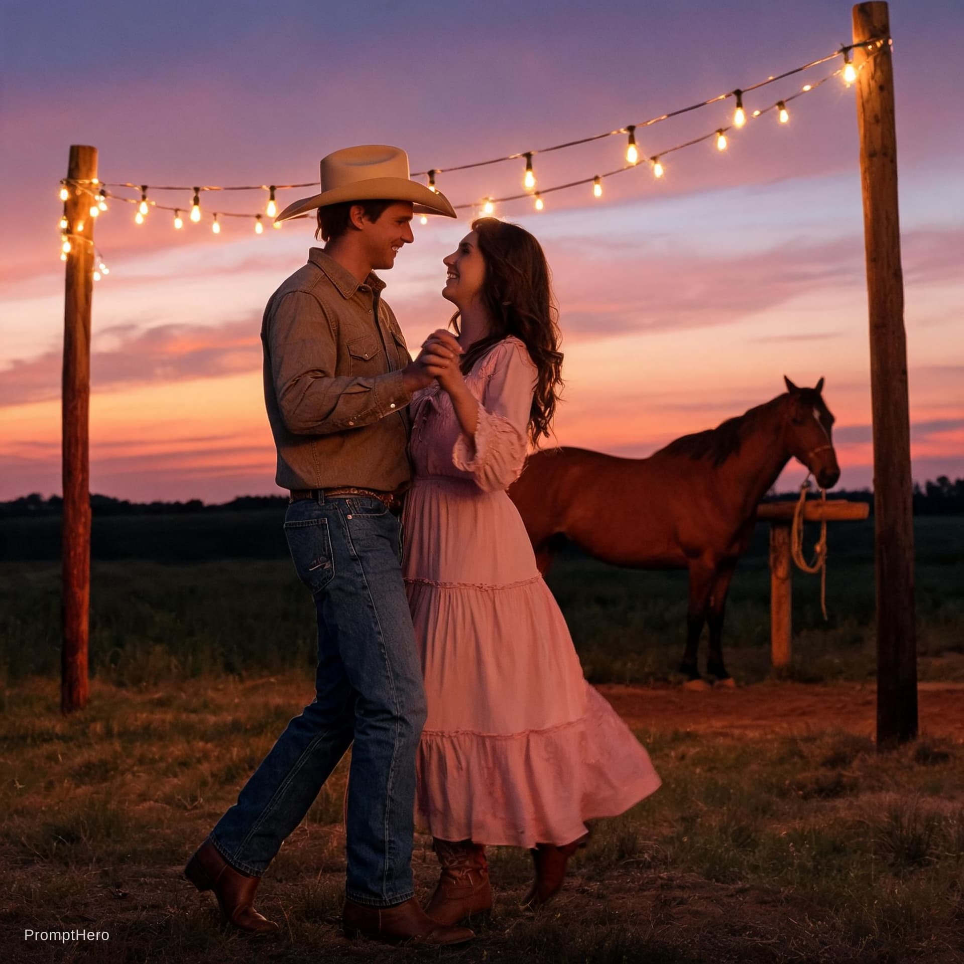 AI generated: a cowboy dancing with his girl under fairy lights at dusk and horse in the back