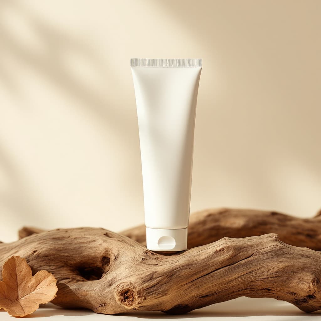 AI generated: product photography, in muji style, a white skinny cream tube on top of an old wooden branch, set a ...