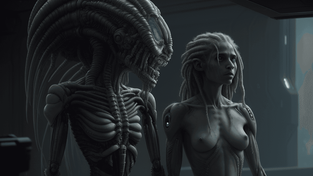 AI generated: a woman with dreadlocks and a body of hair in a scene from the film alien, movie still of a alien cy...