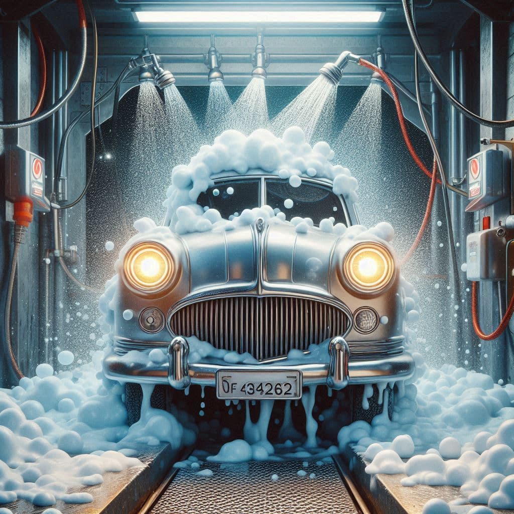 AI generated: At the carwash, a foam-and-water mess