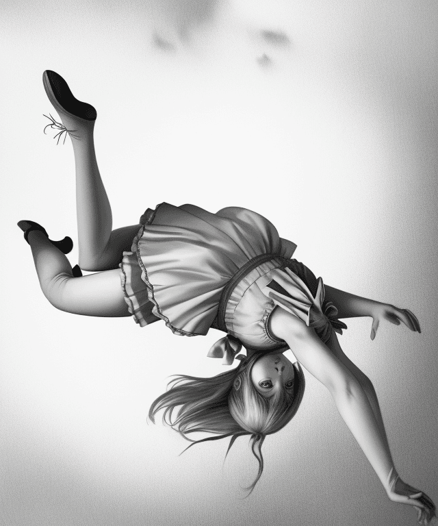 AI generated: realistic drawing 
alice from alice in wonderland falling from the sky horizontally 
body facing upw...