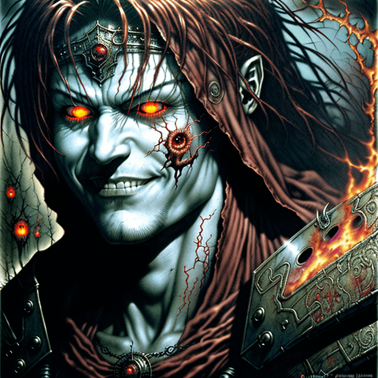 AI generated: crimson king, photorealistic, grinning man, burning eyes, human, eerie, luis royo, jim lee