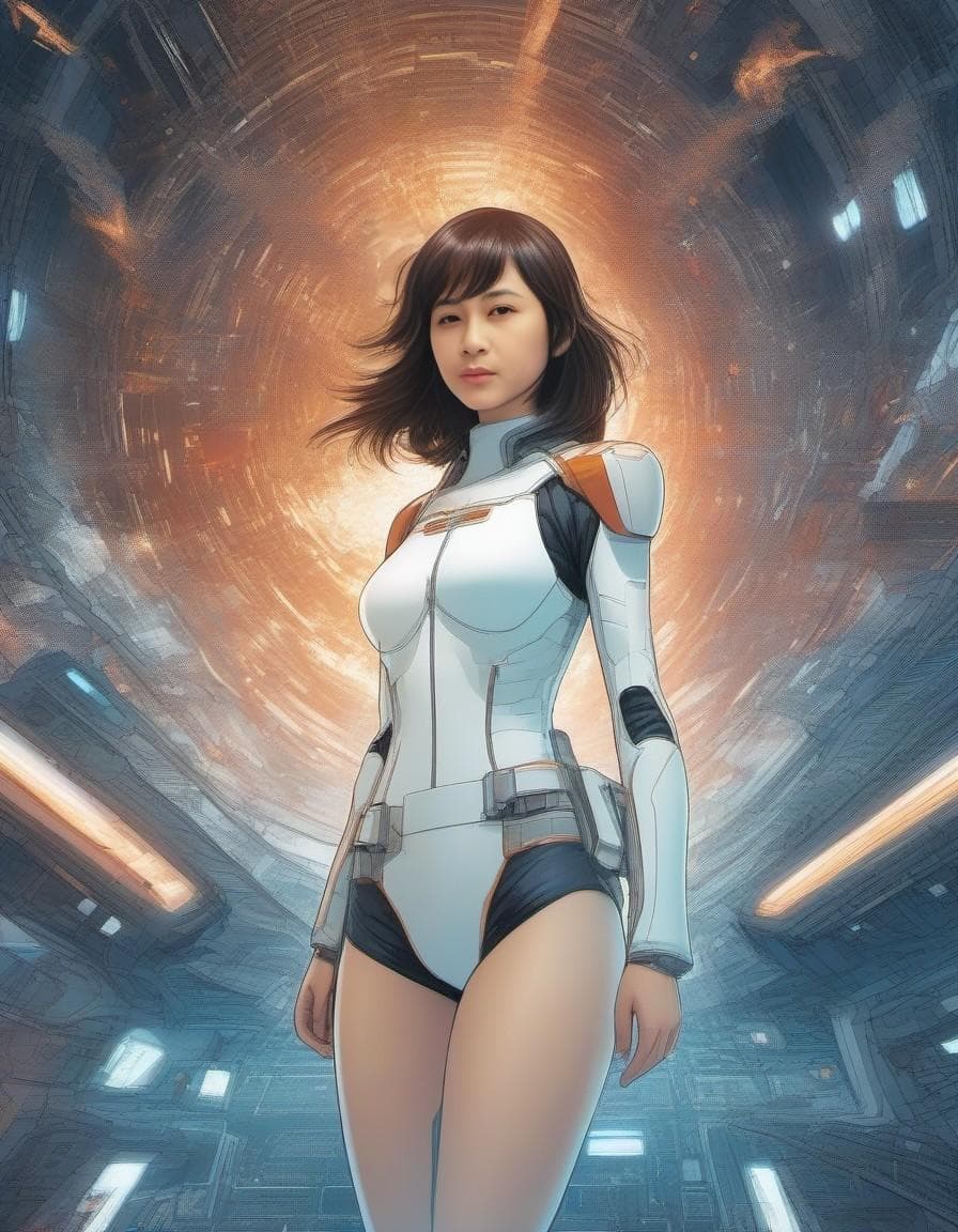 AI generated: Girl in underpants, spaceship inside, Tsutomu Nihei style, Sidonia no Kishi, gigantism, laser genera...
