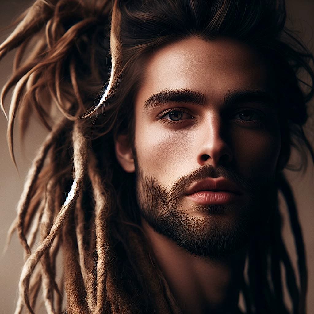 AI generated: hyper realistic close up portrait of a handsome young man with long hair ((dreadlocks)), short well-...