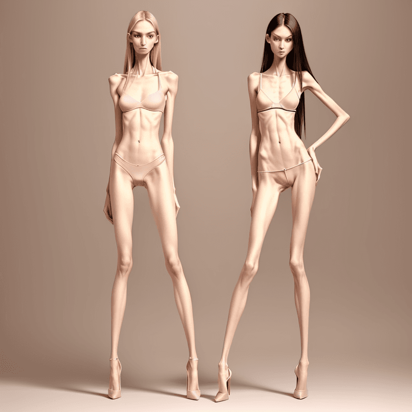 AI generated: photo of two an extremely skinny, flat-chested model with extreme long and skinny legs with extreme ...