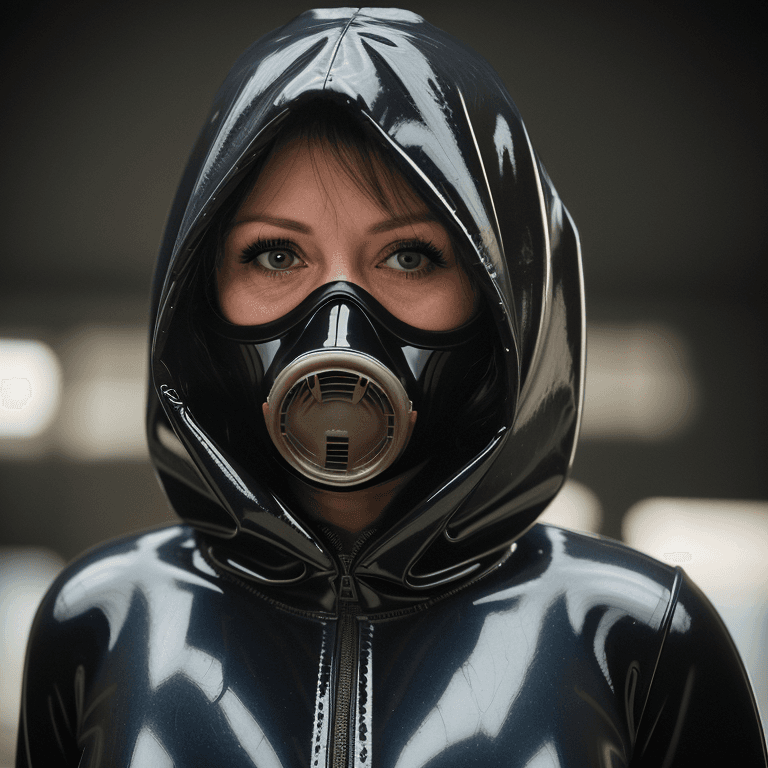 AI generated: hyper realistic headshot photo of a 40 year old woman, wearing a latex gas mask, a latex suit with l...