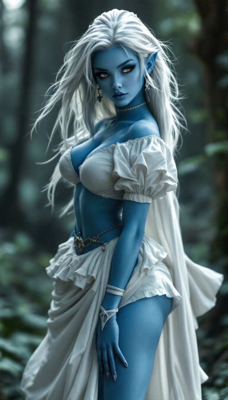 AI generated: smur-fette from the smurfs, beautiful charismatic woman, piercings, athletic, a woman with a white d...