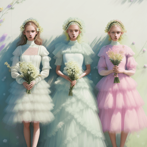 AI generated: diverse flowers make by tule covered wall, three white young fashion model wearing tule puffy dress,...