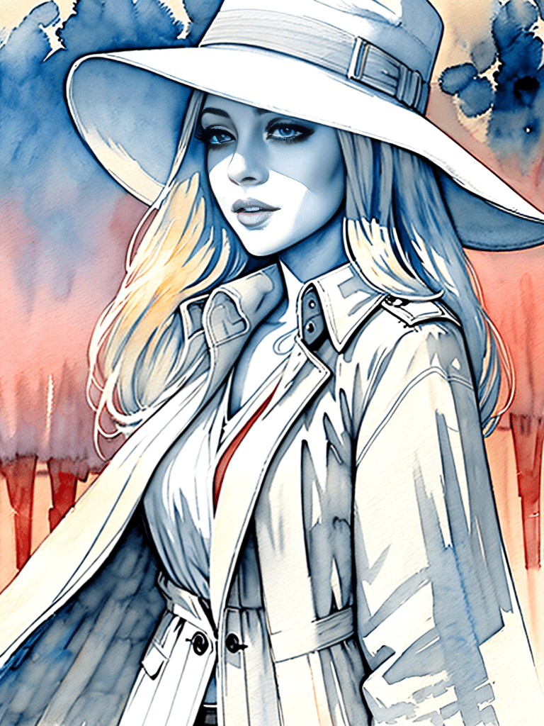 AI generated: detailed pencil drawing of a beautiful willowy blond young woman, busty, woman's trench coat, fedora...