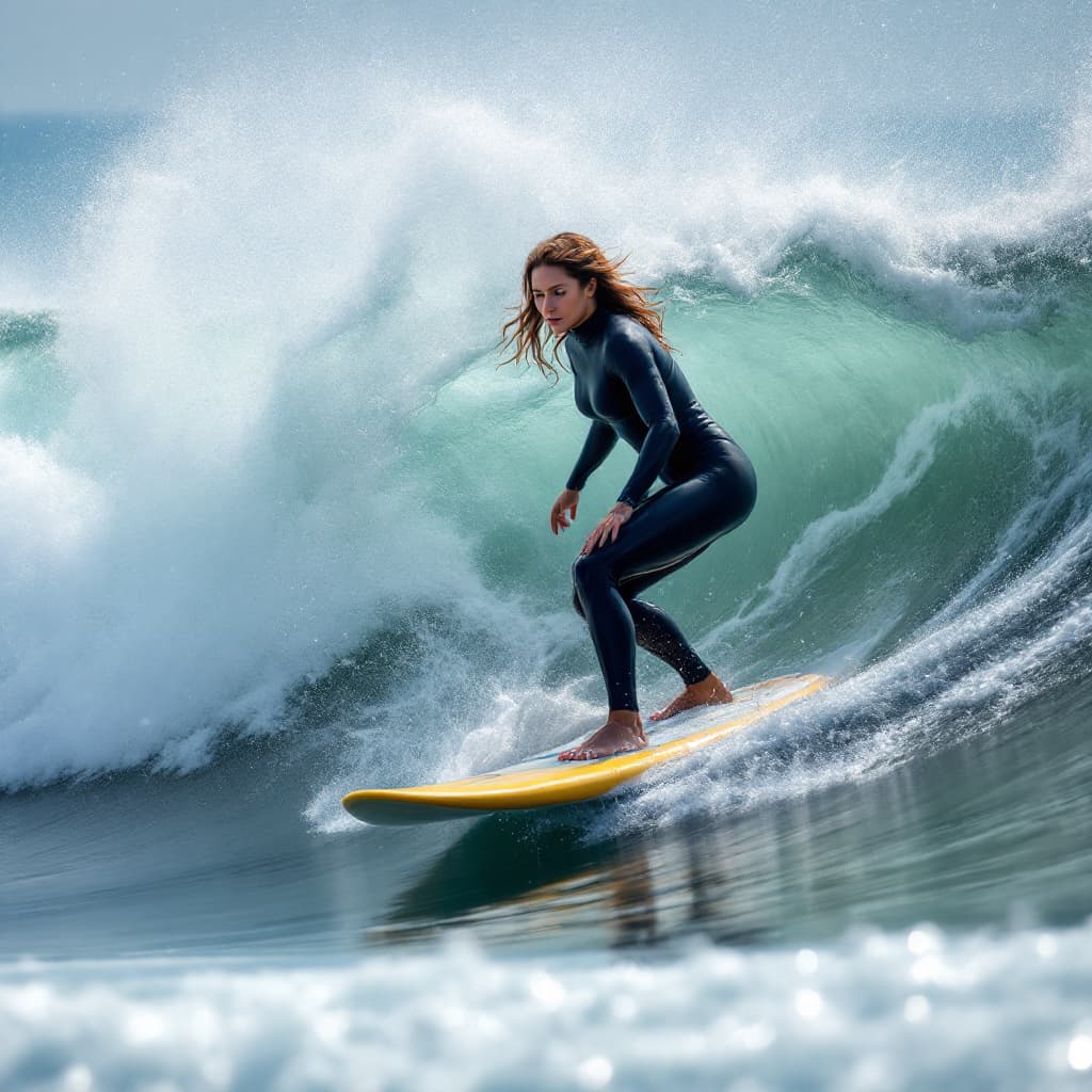 AI generated:  female,The image features a woman riding a wave on a surfboard. She is skillfully navigating the wa...