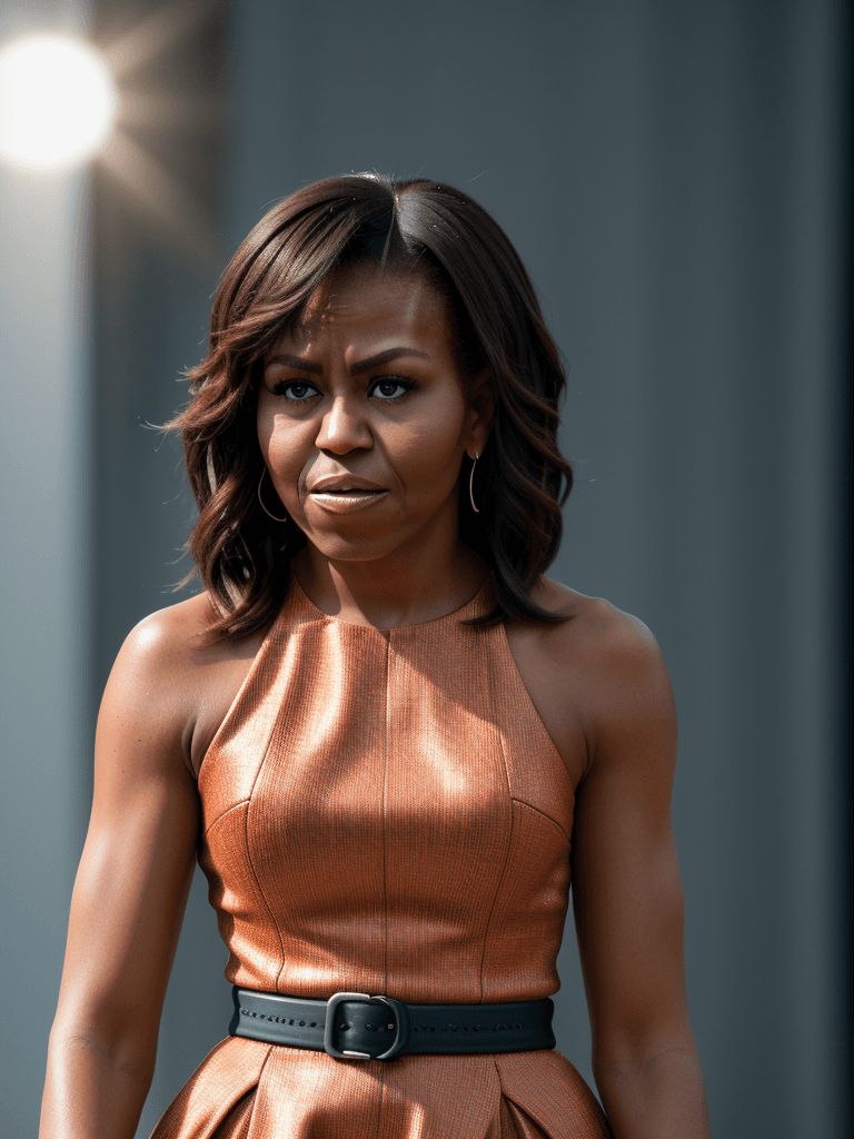 AI generated: portrait of Michelle Obama dressed like a man, ultra realistic, 8k full HD, low angle, unreal engine...