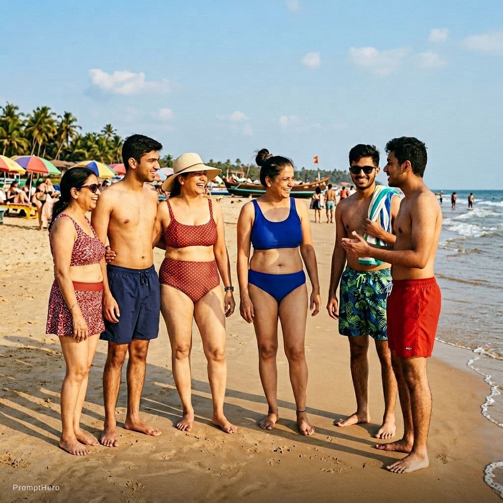 AI generated: 50 years old  3 indian moms weared red and blue bikini. And there sons with there weared shorts