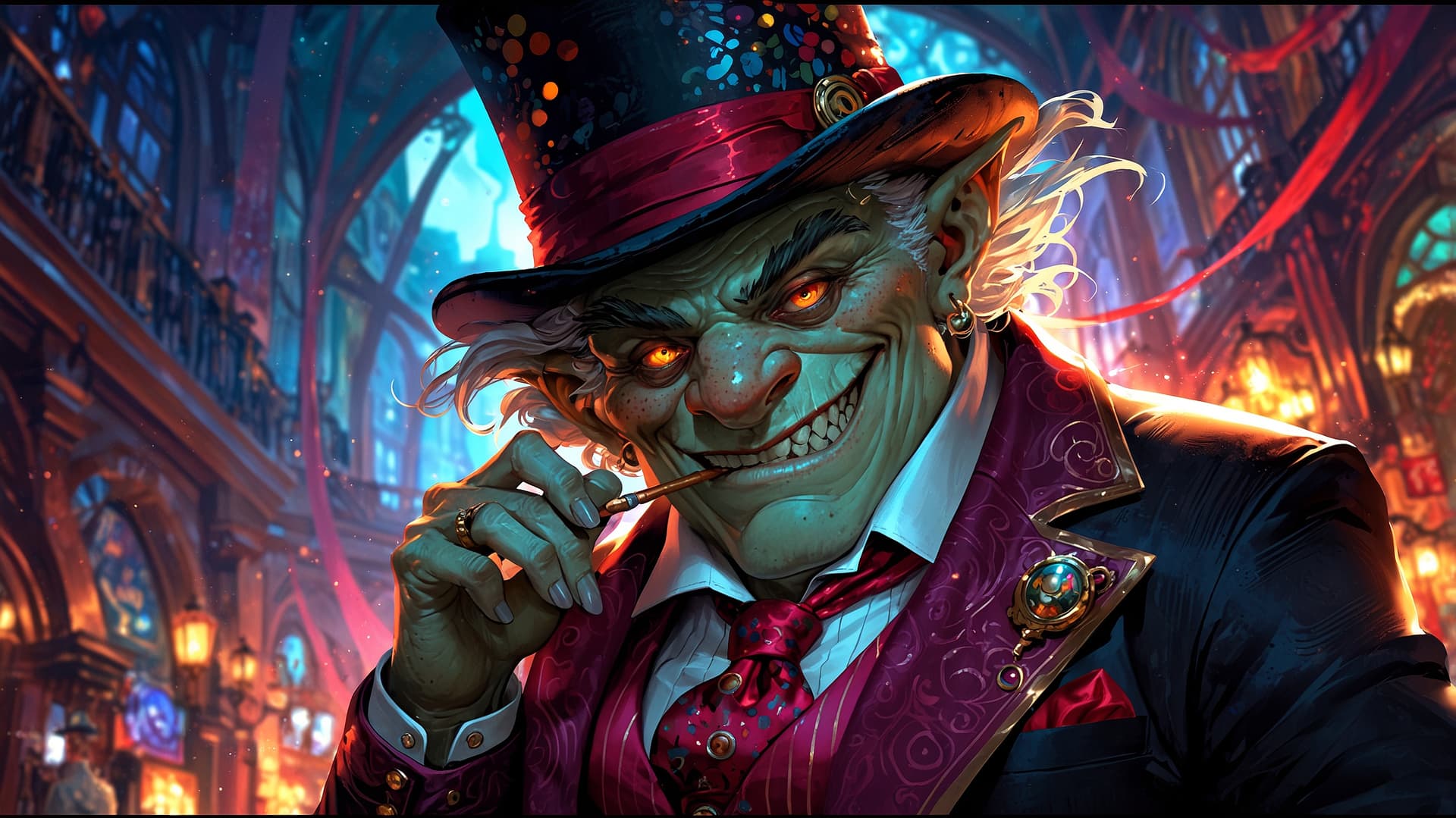 AI generated: A whimsically eccentric troll, exuding an air of sophistication amidst chaos: with a top hat adorned...