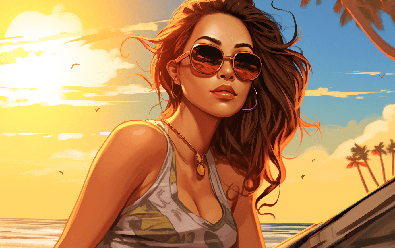 AI generated: Beautiful girl in sitting around in the sun on, in the style of anime art, vacation dadcore, photo -...