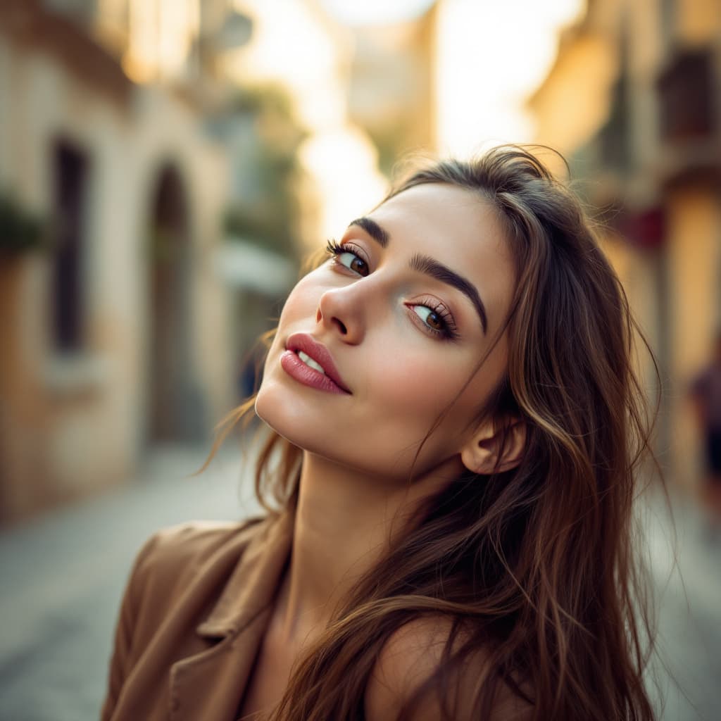 AI generated: Close-up portrait of a woman from Spain, mixed face, no make-up just natural, with long hair, natura...