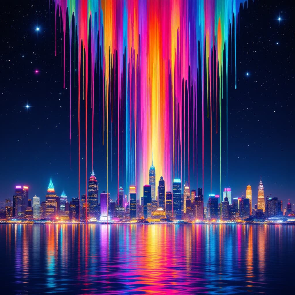 AI generated: A vibrant city skyline at night, illuminated by glowing neon lights reflecting beautifully off the w...