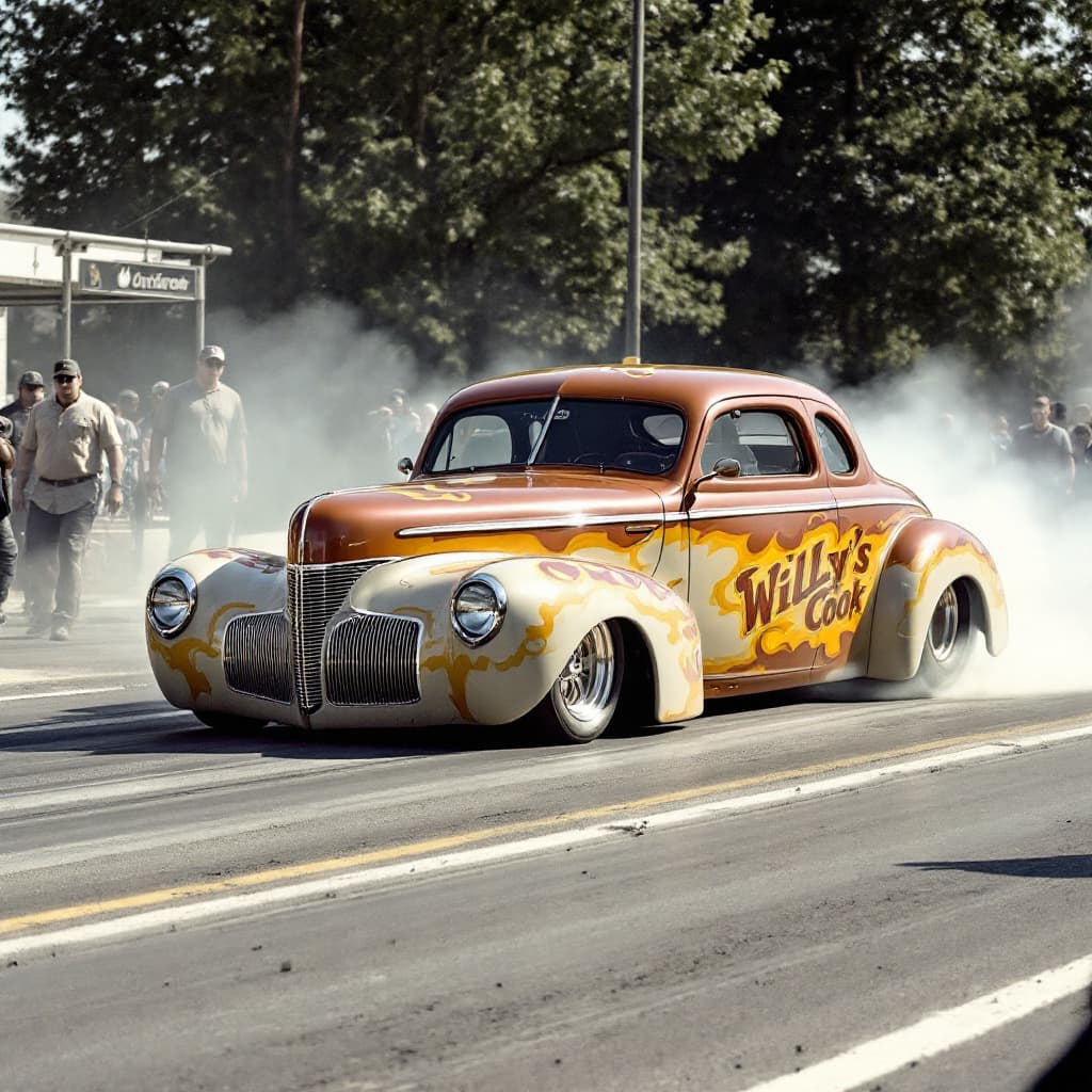 AI generated: Stone, woods, and cook 1941 Willy's coupe, 60's style gasser drag car, quarter mile drag race