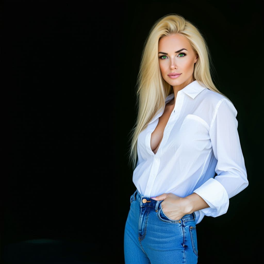 AI generated: Nude model shoot, of a blonde woman with green eyes wearing a white shirt, blue jeans on a black bac...