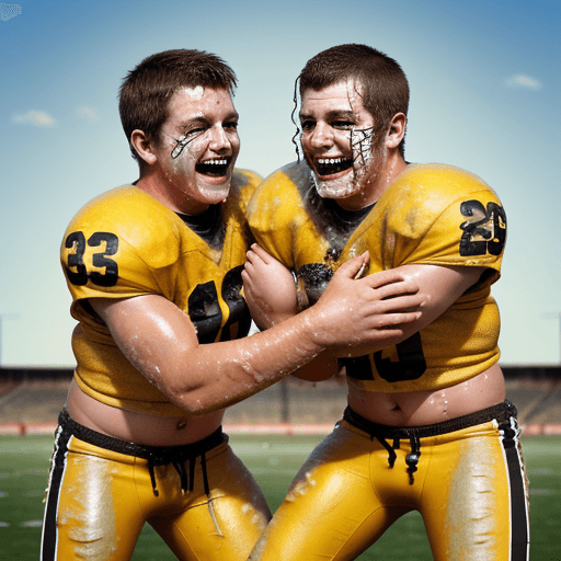 AI generated: two laughing rugged, sweaty, caucasian american football players in pads and jerseys, throwing custa...