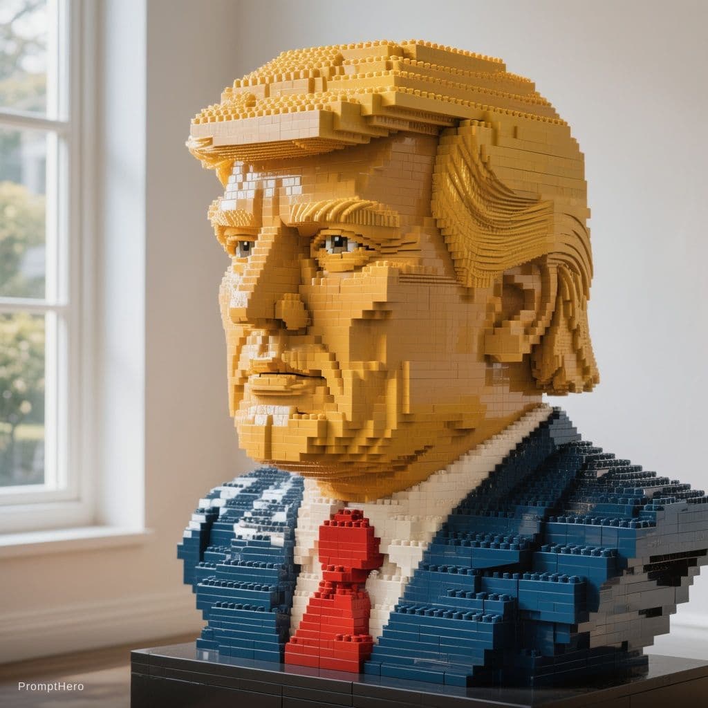 AI generated: Ultra-detailed Lego bust of Donald Trump, built in the classic Lego mosaic sculpture style. The face...
