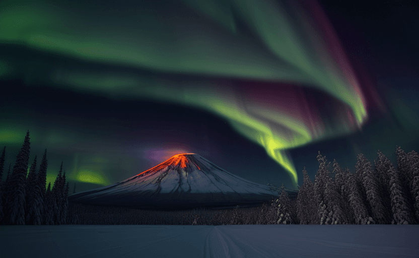 AI generated: Hyper realistic photo of volcano erupting, in snowy northern landscape, aurora borealis, wide image,...