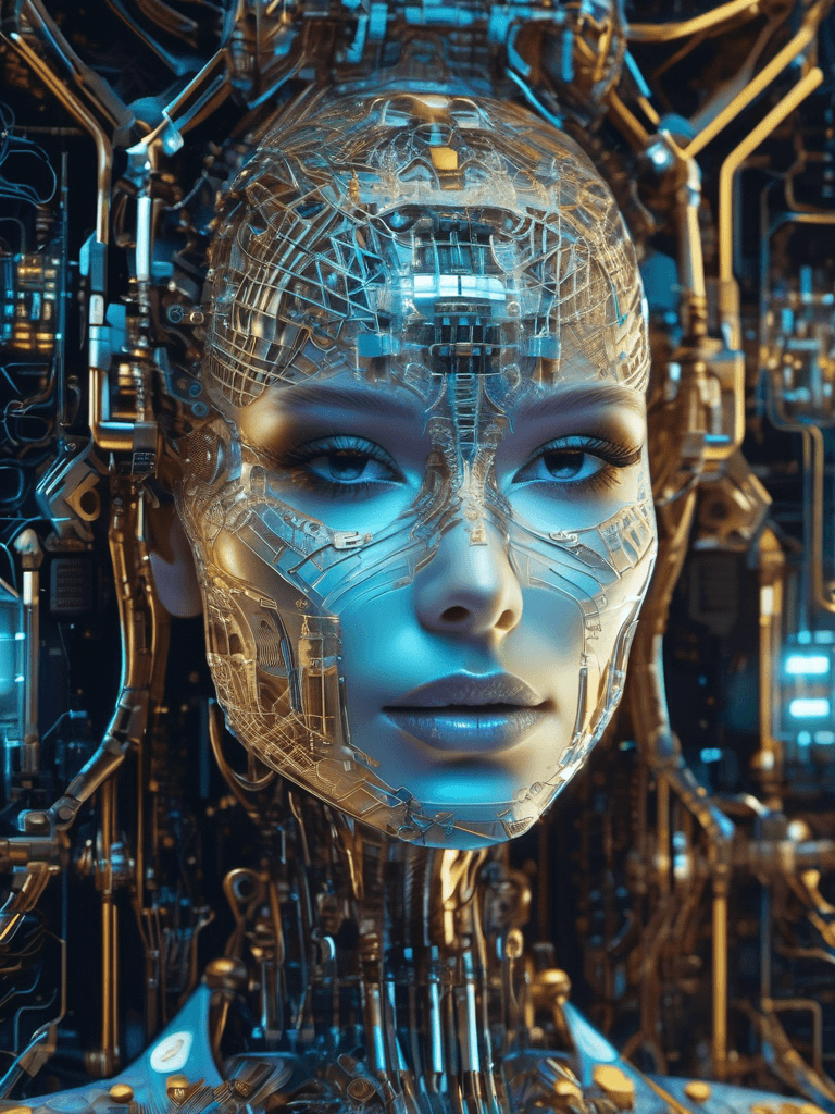 AI generated: A stunning illustration of an ethereal neural network organism, half of the face is robotic skeleton...